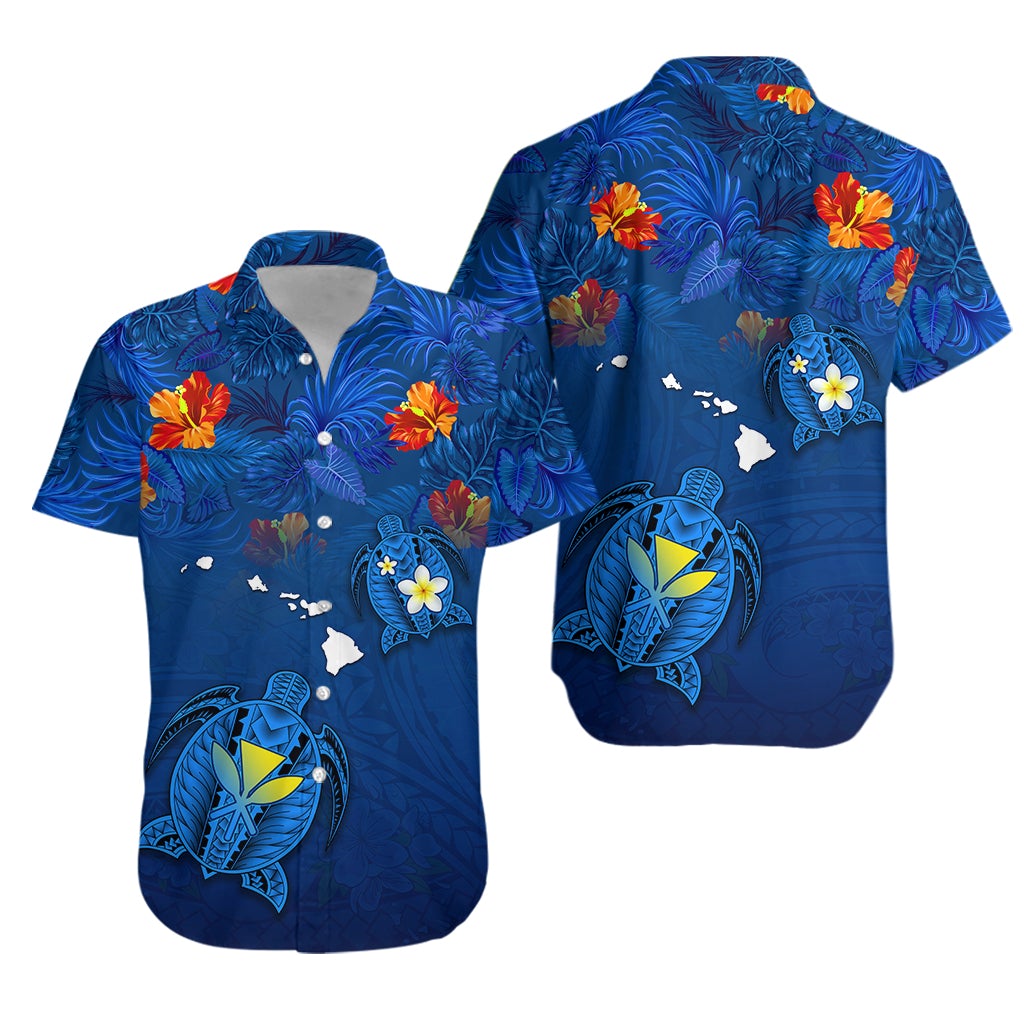 Hawaiian Islands Hawaiian Shirt - Hawaii Tropical Flowers and Turtles Blue LT13 - Wonder Print Shop