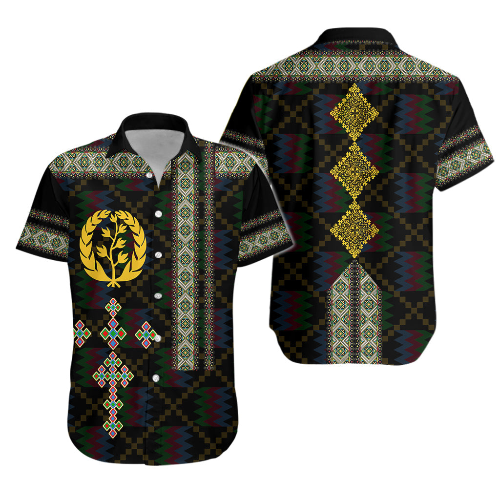 Eritrea Tilet Pattern Hawaiian Shirt Eritrean Cross - Black - Wonder Print Shop