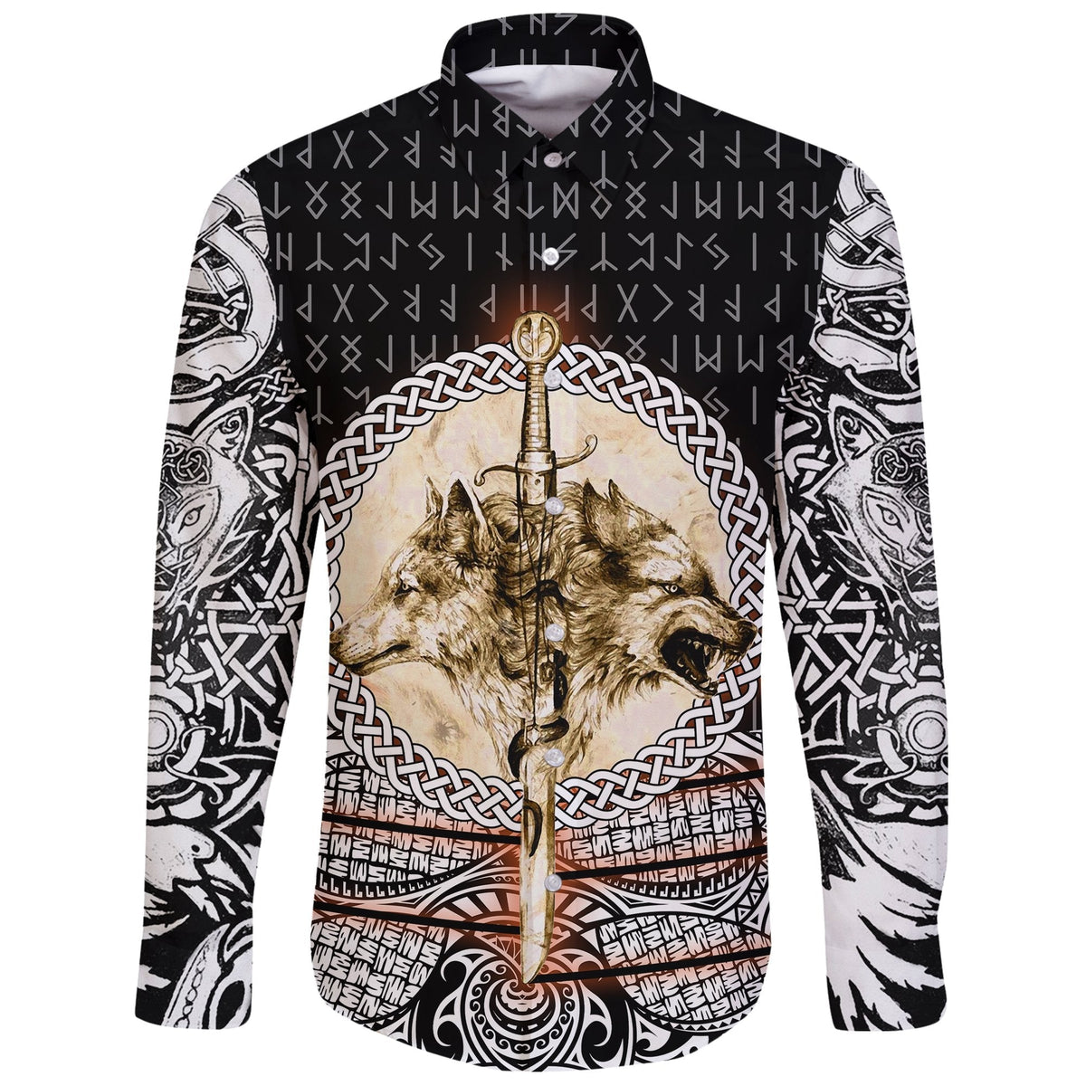 Viking Long Sleeve Button Shirt Wolf and Vikings Tattoo 3D RLT12 - Wonder Print Shop