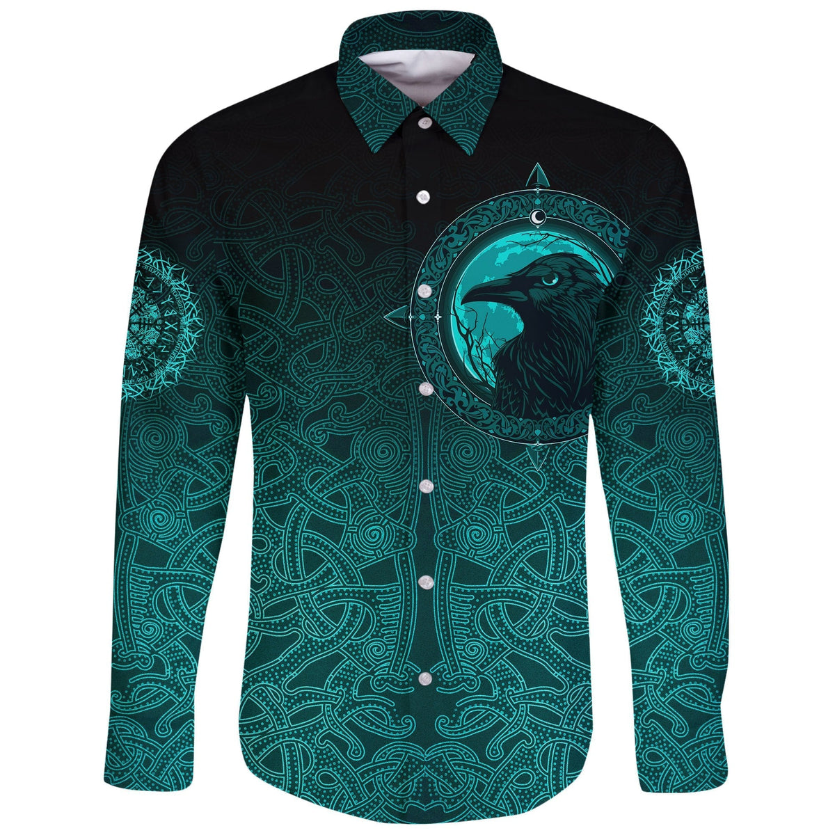 Viking Long Sleeve Button Shirt, Ethnic Odin Raven Cyan RLT12 - Wonder Print Shop
