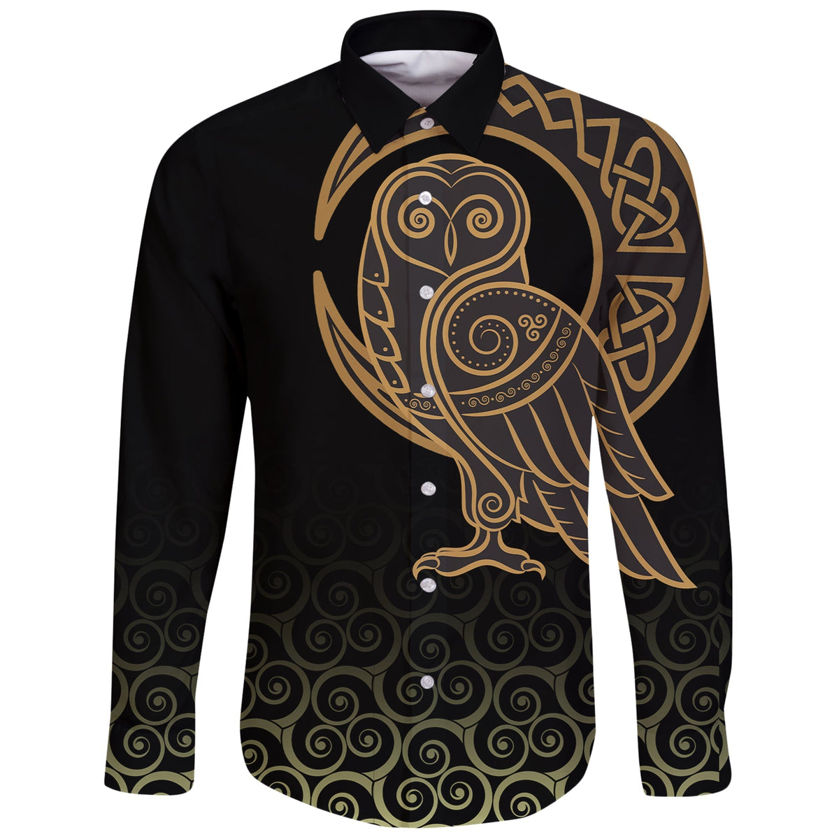 Viking Long Sleeve Button Shirt Owl Celtic On Triskele Background RLT12 - Wonder Print Shop