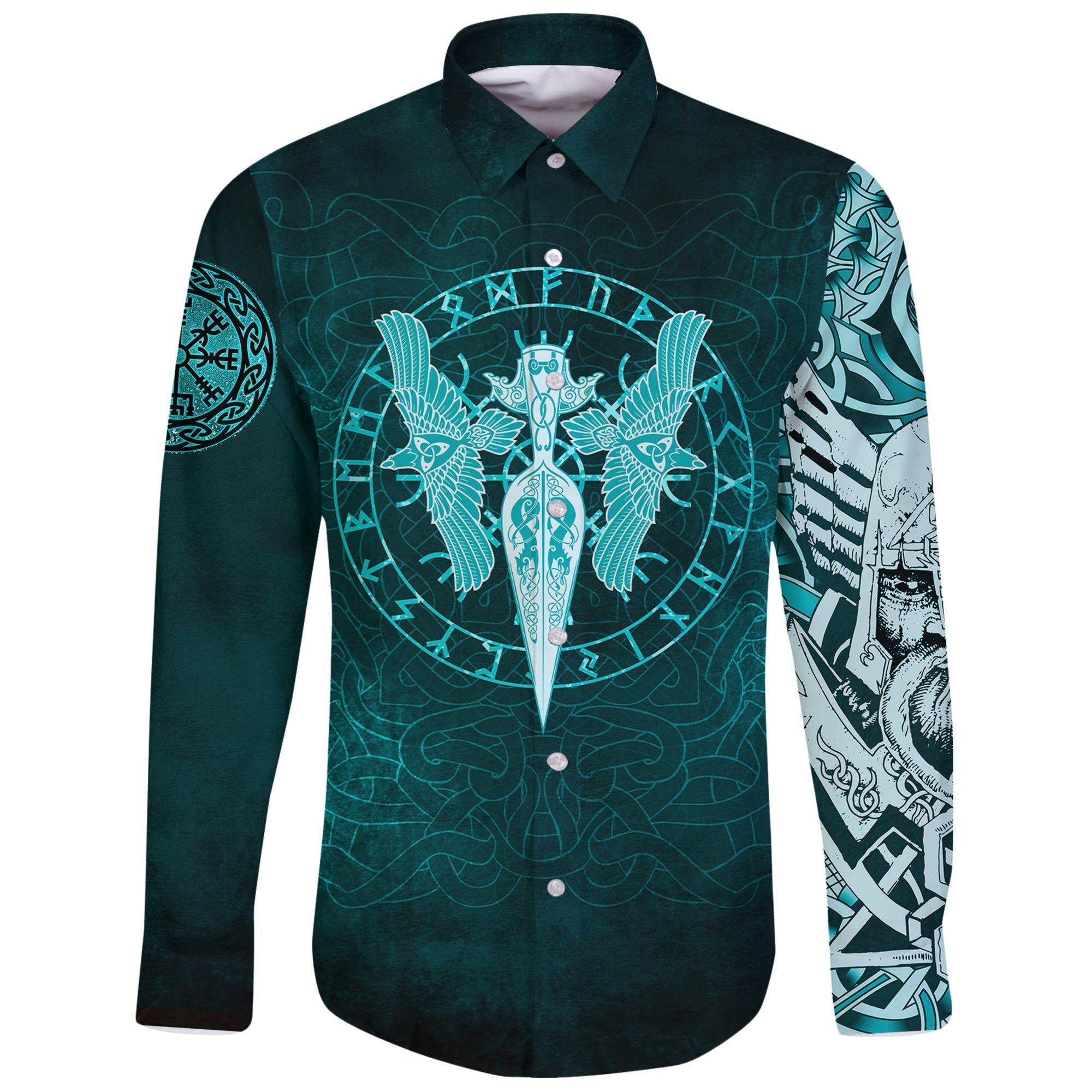 Viking Long Sleeve Button Shirt Cyan Spear Of The God Odin Gungnir and Two Cyan Ravens Style RLT12 - Wonder Print Shop