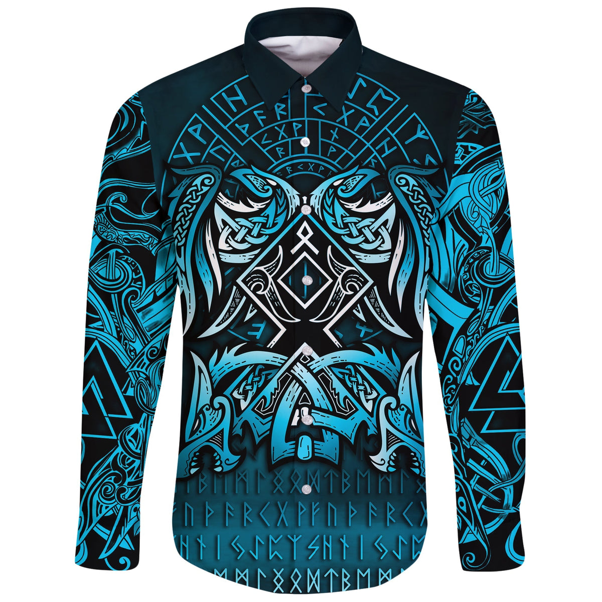 Viking Long Sleeve Button Shirt Othala and Raven Blue RLT12 - Wonder Print Shop