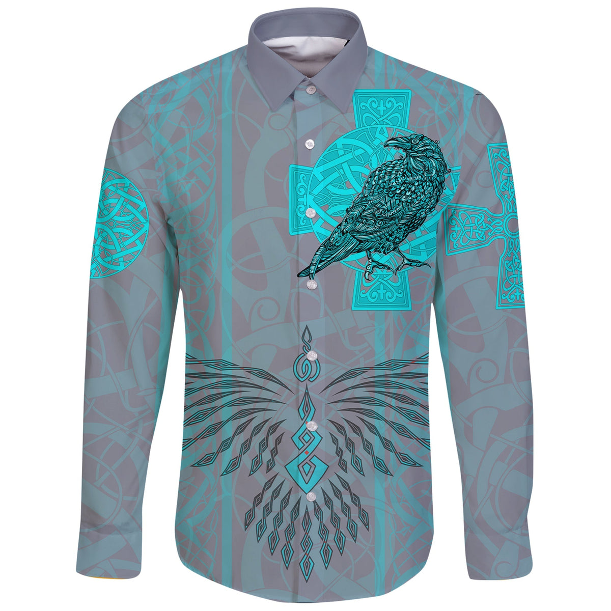Viking Long Sleeve Button Shirt Odin's Celtic Raven Scandinavian Tattoo Style Cyan RLT12 - Wonder Print Shop