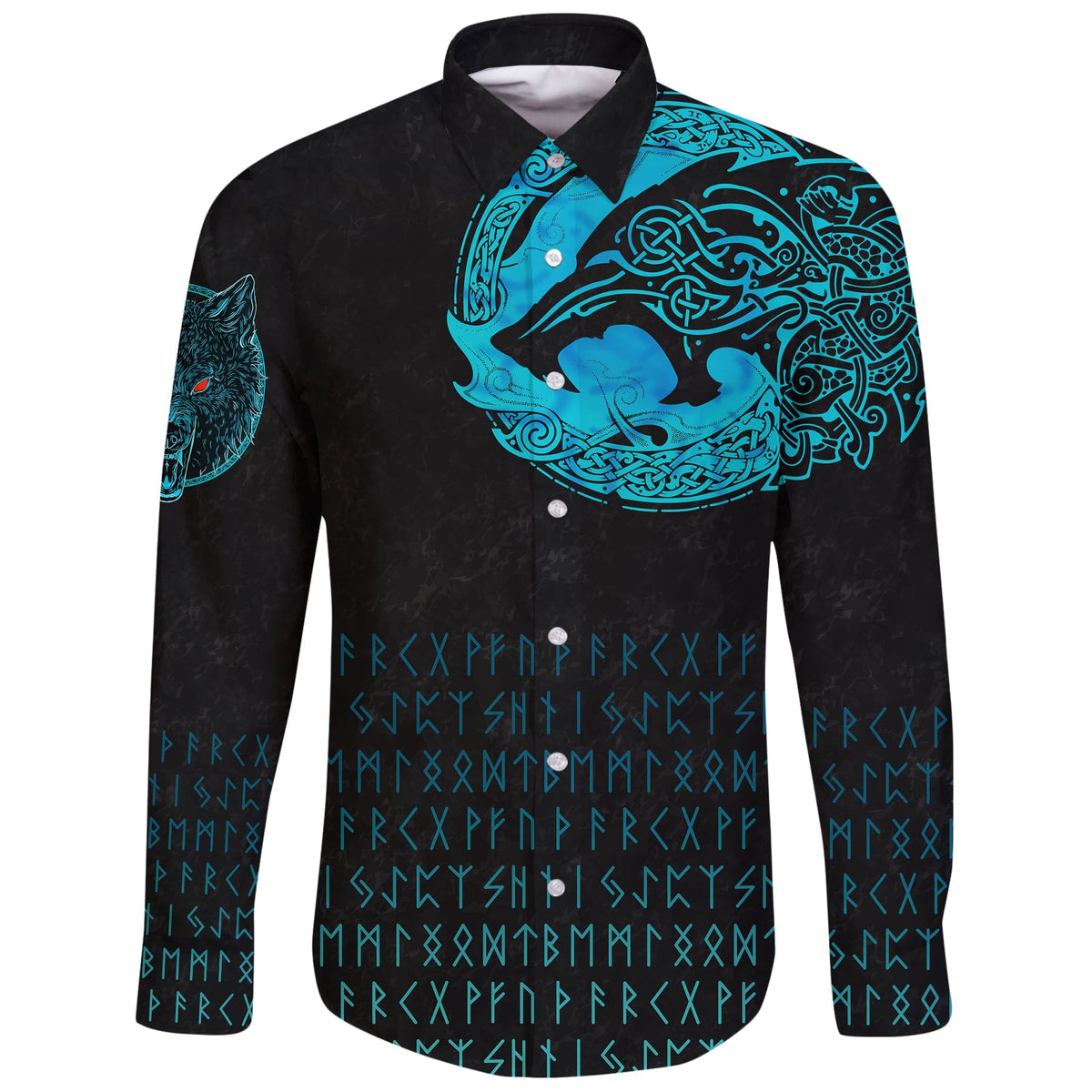 Viking Long Sleeve Button Shirt Fenrir Wolf Cyan RLT12 - Wonder Print Shop
