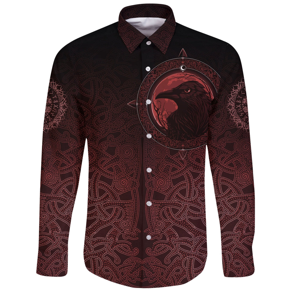 Viking Long Sleeve Button Shirt, Ethnic Odin Raven Red RLT12 - Wonder Print Shop
