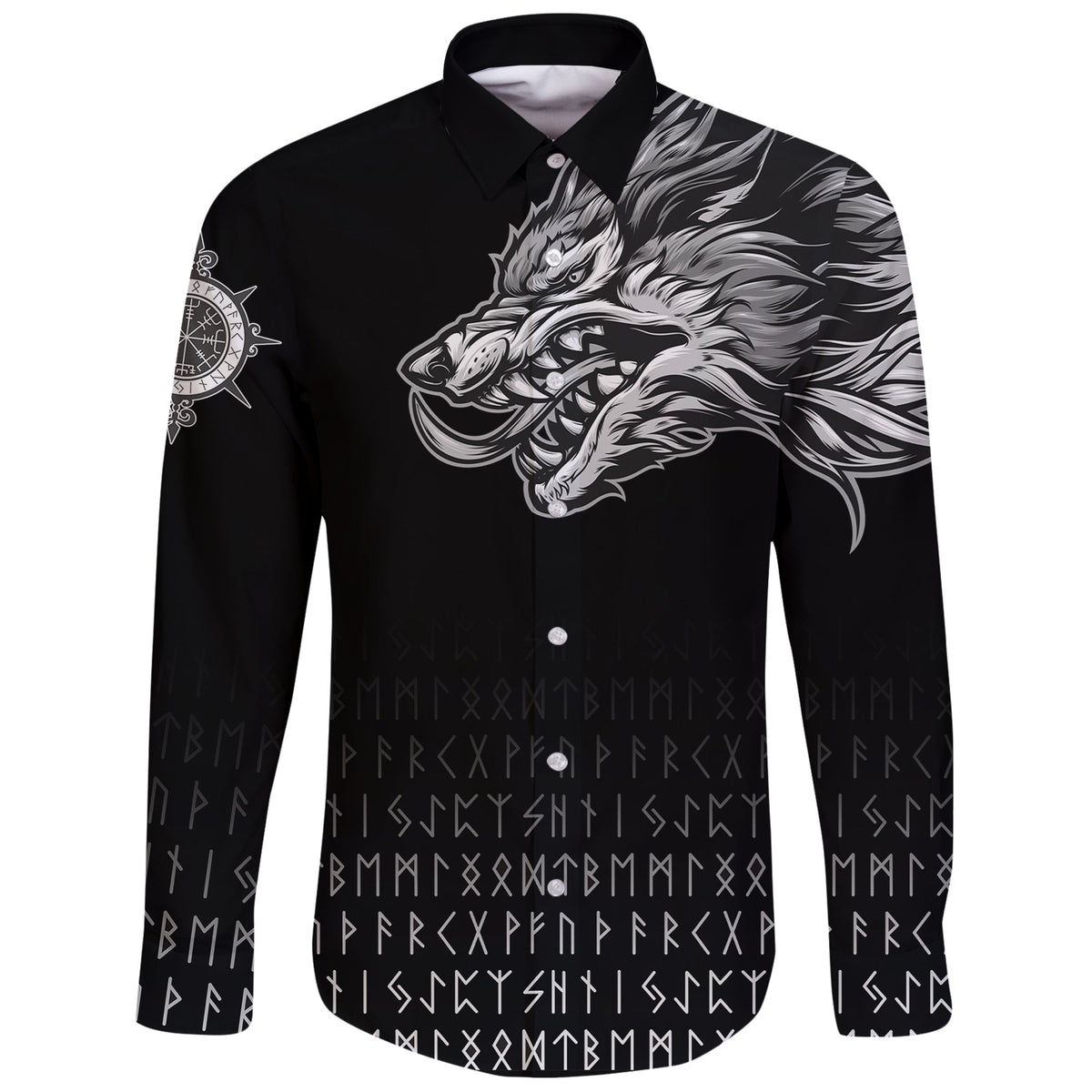 Viking Long Sleeve Button Shirt Fenrir Wolf Near Shoulder RLT12 - Wonder Print Shop