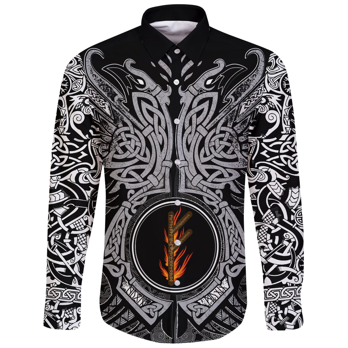 Viking Long Sleeve Button Shirt Fehu Rune, Raven Tattoo RLT12 - Wonder Print Shop