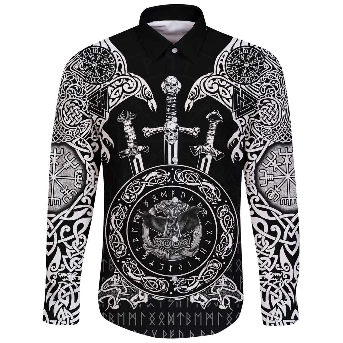 Viking Long Sleeve Button Shirt Huginn and Muniin With Mjolnir RLT12 - Wonder Print Shop