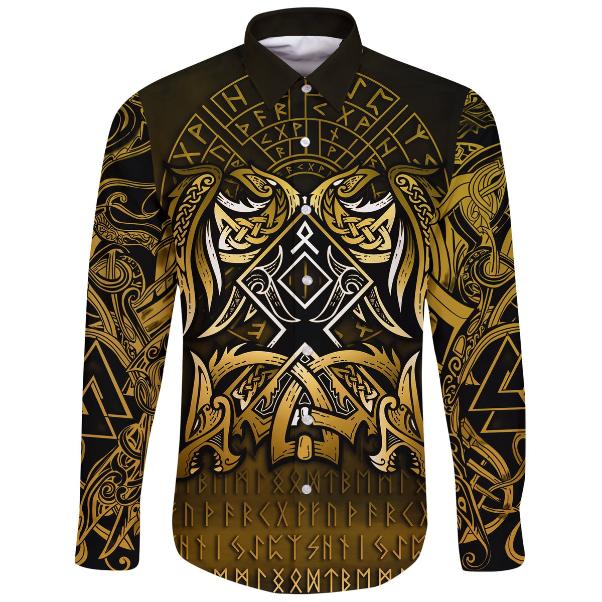 Viking Long Sleeve Button Shirt Othala and Raven Golden RLT12 - Wonder Print Shop