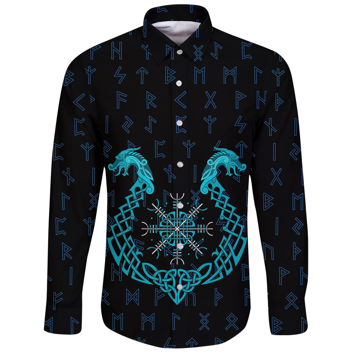 Viking Long Sleeve Button Shirt, Aegishjalmur Helm Of Awe Blue Edition RLT12 - Wonder Print Shop