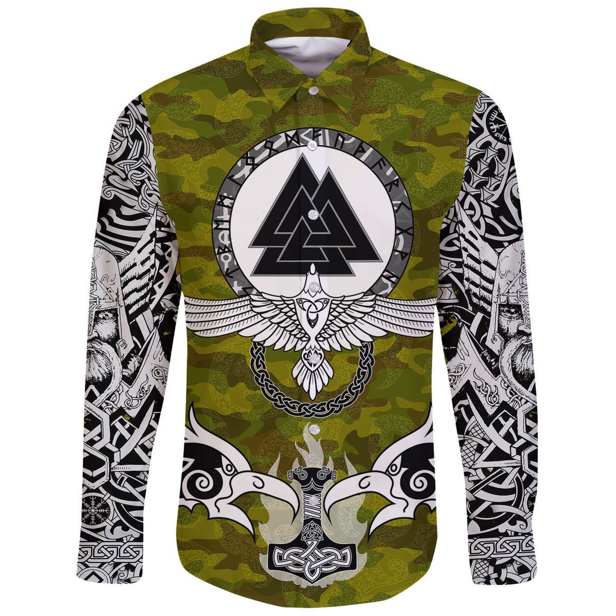 Viking Long Sleeve Button Shirt Raven Of Odin and Symbol Viking On Camo Background RLT12 - Wonder Print Shop