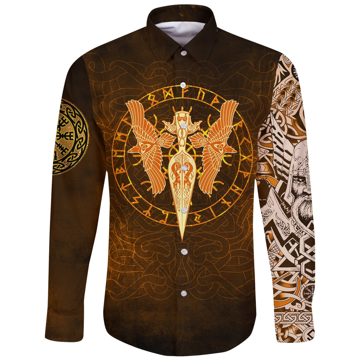 Viking Long Sleeve Button Shirt Gold Spear Of The God Odin Gungnir and Two Gold Ravens RLT12 - Wonder Print Shop