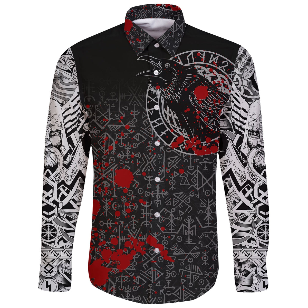 Viking Long Sleeve Button Shirt Odin Raven Rune Futhark Blood RLT12 - Wonder Print Shop