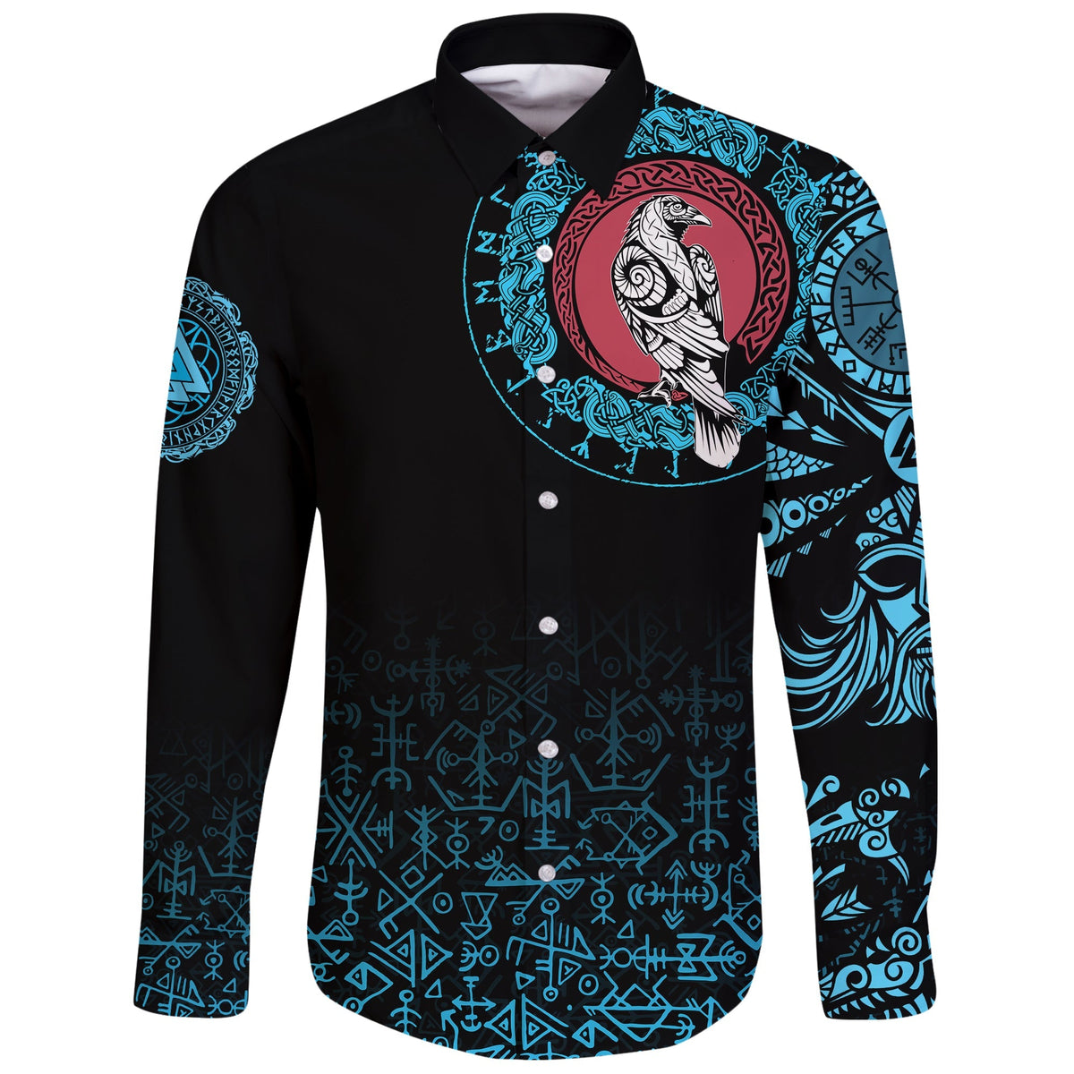 Viking Long Sleeve Button Shirt Raven Celtic Cyan Tattoo RLT12 - Wonder Print Shop