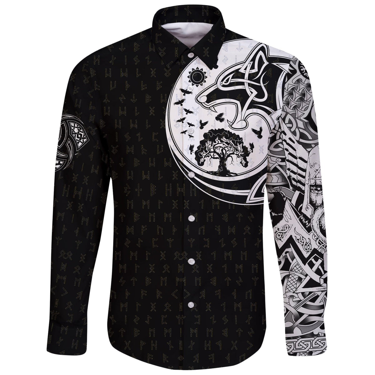 Viking Long Sleeve Button Shirt, Skoll and Hati Rune Tattoo RLT12 - Wonder Print Shop