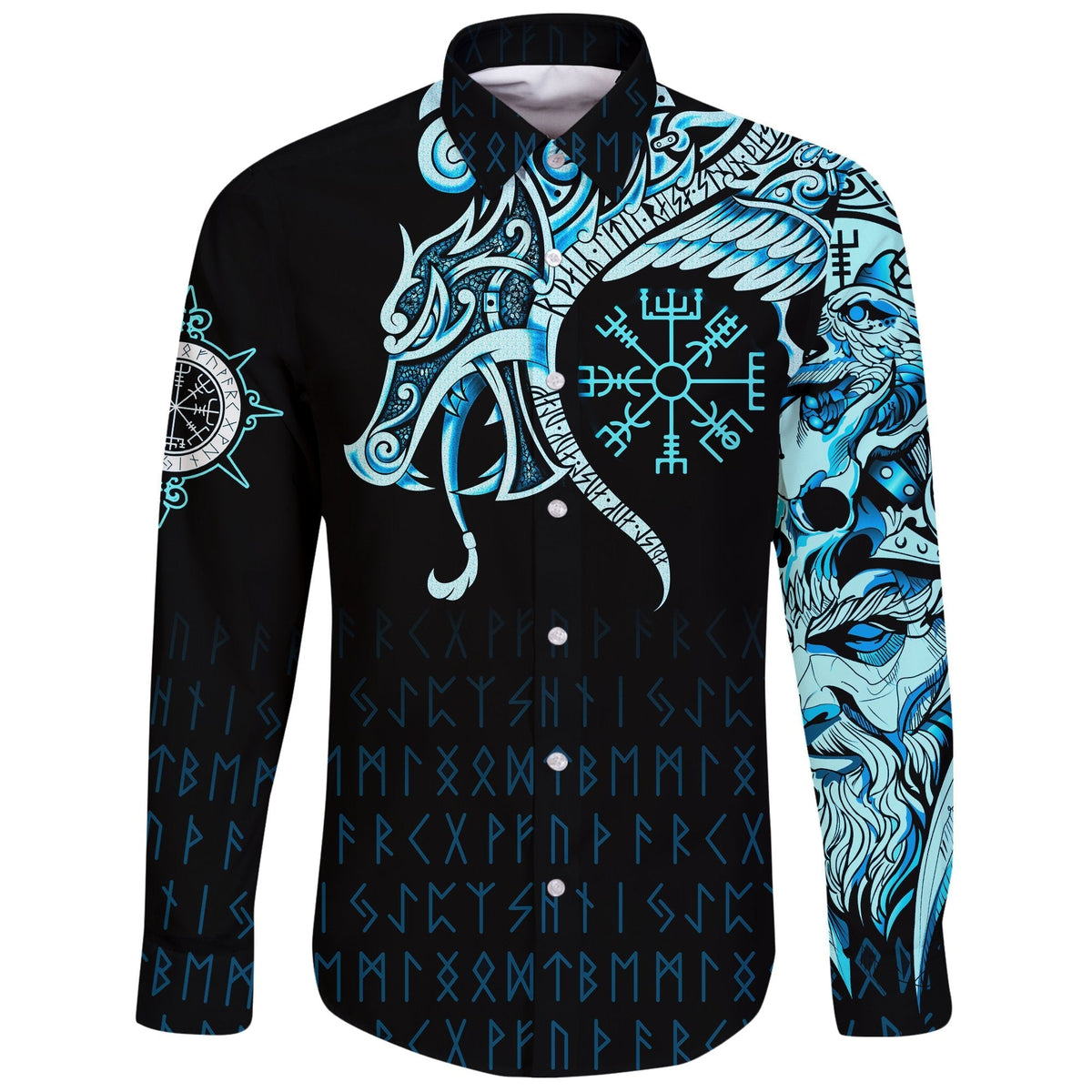 Viking Long Sleeve Button Shirt, Fenrir Raven and Vegvisir Tattoo Cyan RLT12 - Wonder Print Shop