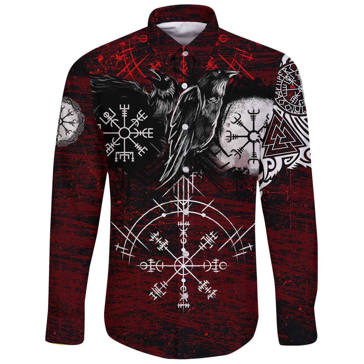 Viking Long Sleeve Button Shirt Raven Of Odin and Symbol Viking On Blood Background RLT12 - Wonder Print Shop