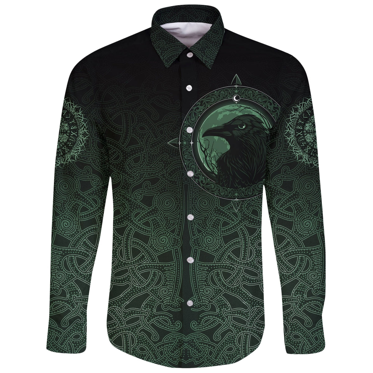 Viking Long Sleeve Button Shirt, Ethnic Odin Raven Green RLT12 - Wonder Print Shop