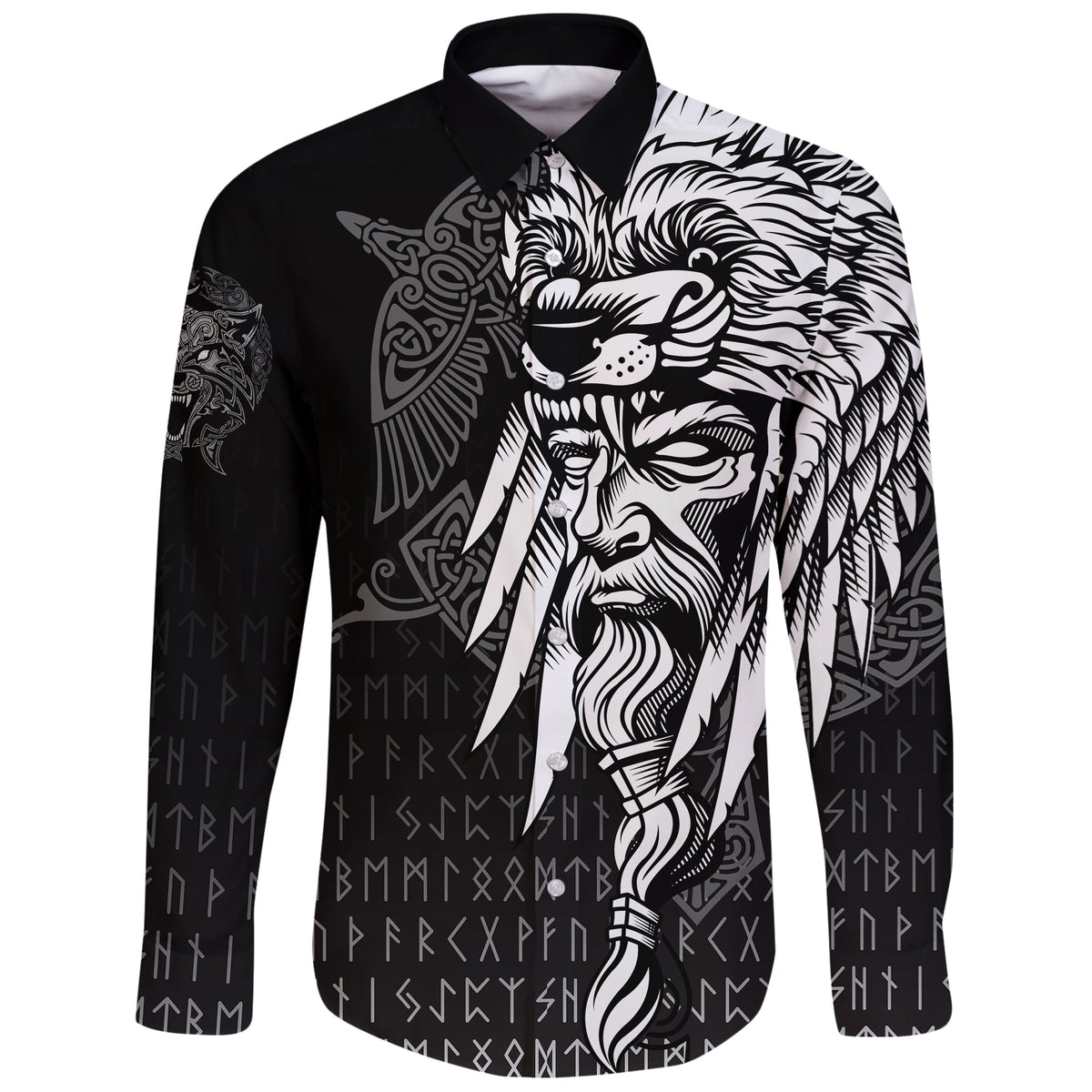 Viking Long Sleeve Button Shirt Odin Raven and Fenrir On Hand RLT12 - Wonder Print Shop