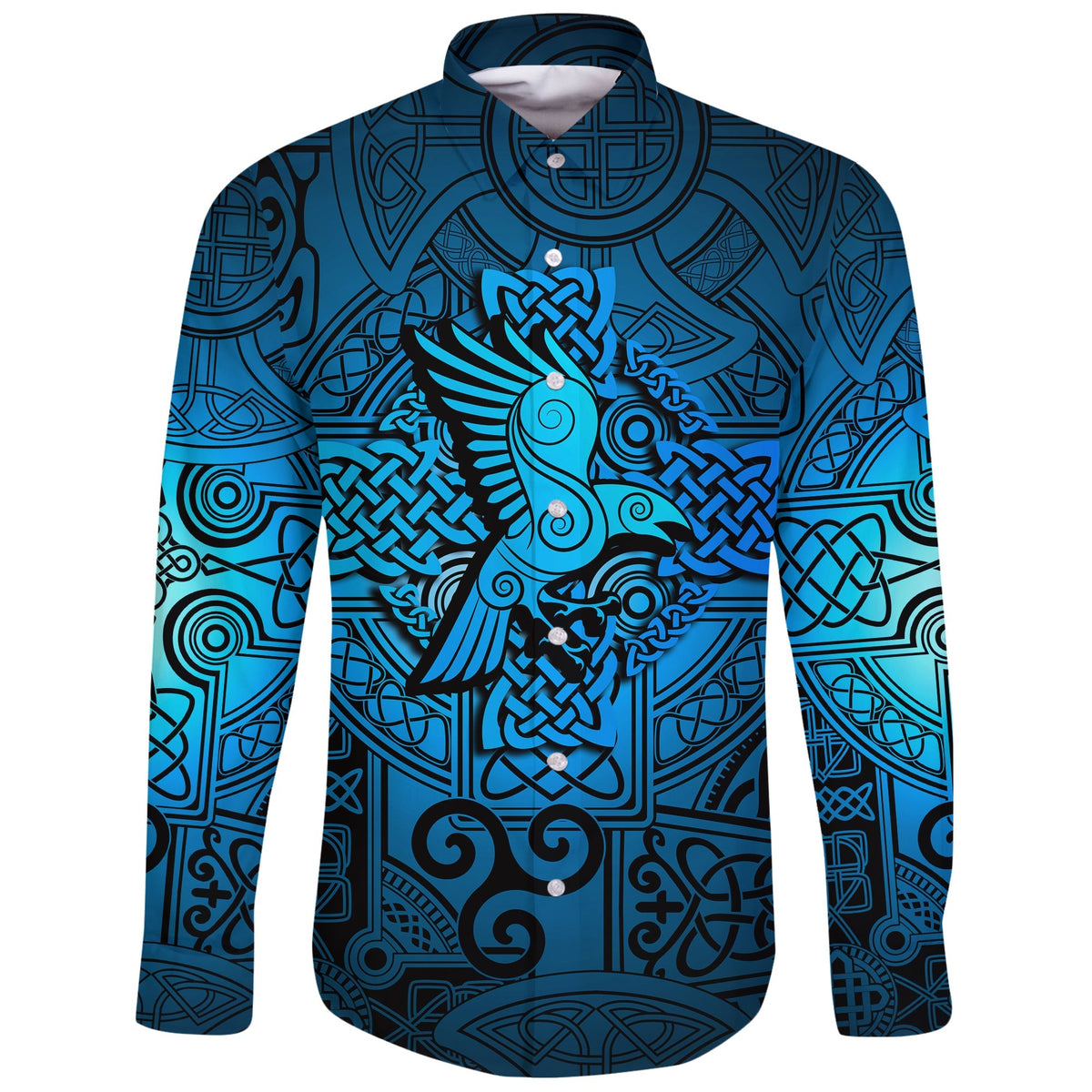 Viking Long Sleeve Button Shirt Raven Odin Celtic Cyan RLT12 - Wonder Print Shop