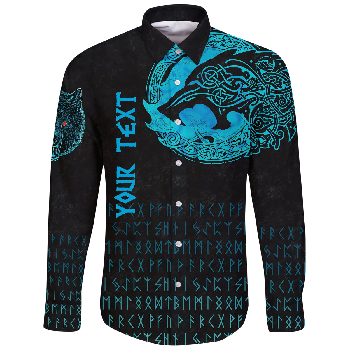 (Custom) Viking Long Sleeve Button Shirt - Fenrir Wolf Cyan RLT12 - Wonder Print Shop