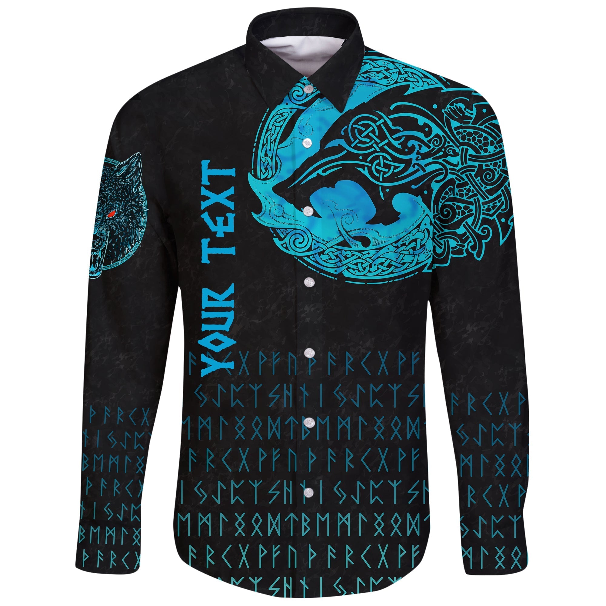 (Custom) Viking Long Sleeve Button Shirt - Fenrir Wolf Cyan RLT12 - Wonder Print Shop