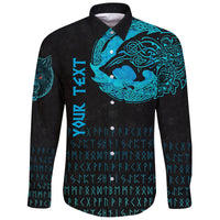(Custom) Viking Long Sleeve Button Shirt - Fenrir Wolf Cyan RLT12 - Wonder Print Shop
