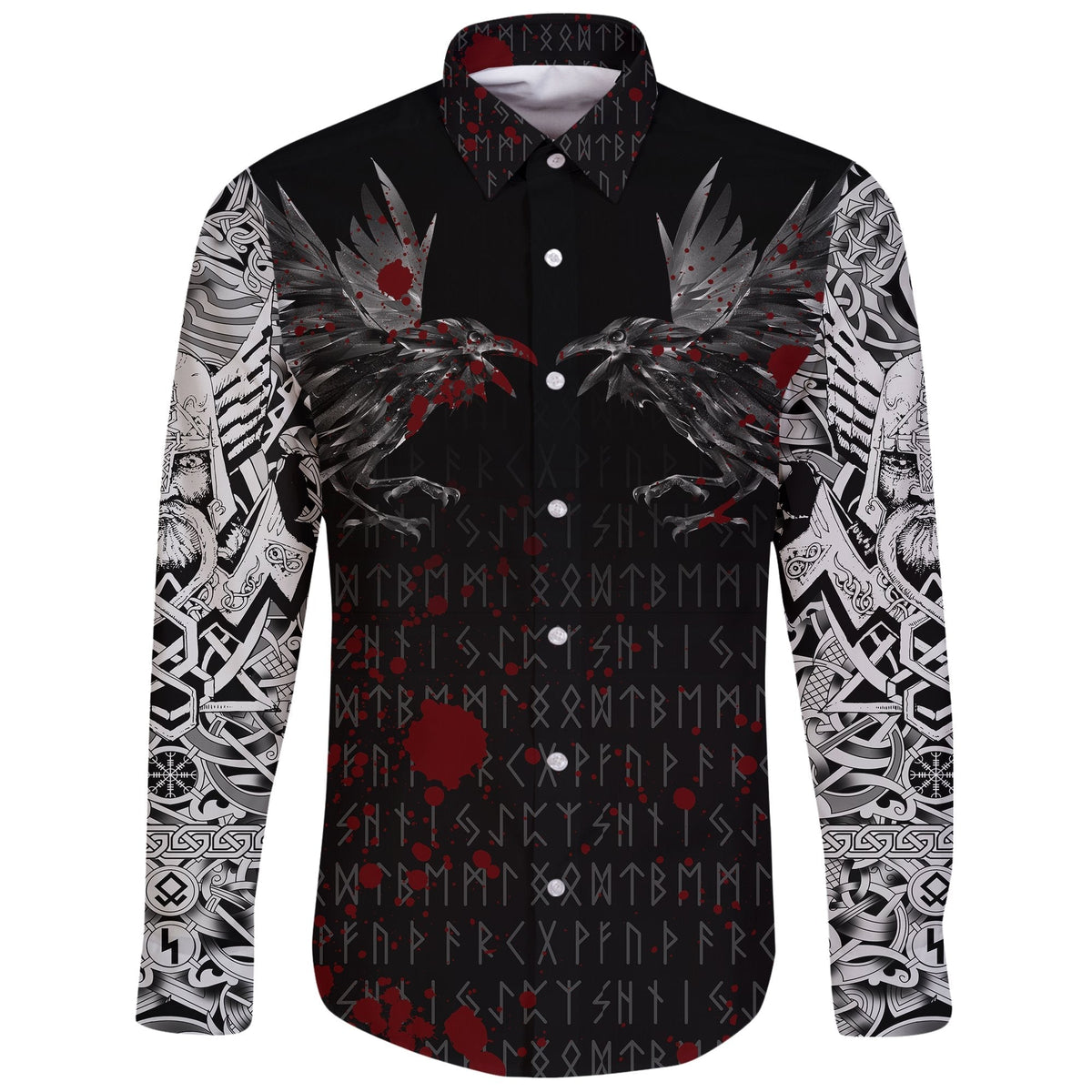 Viking Long Sleeve Button Shirt Odin Huginn and Muninn Rune Blood RLT12 - Wonder Print Shop