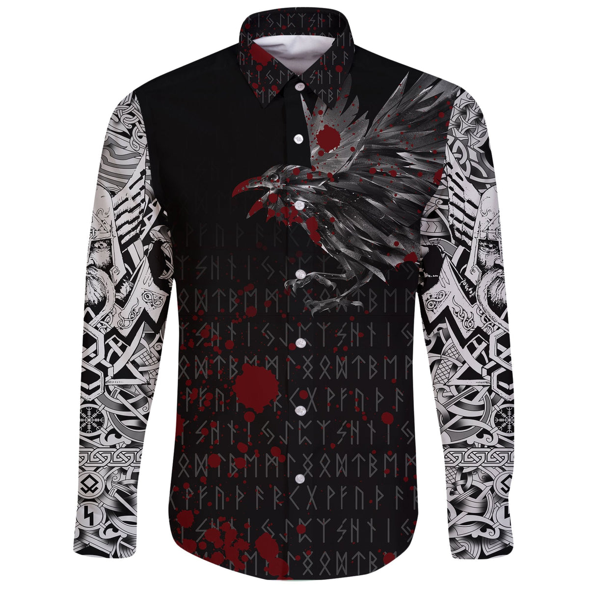 Viking Long Sleeve Button Shirt The Raven Of Odin Rune Blood RLT12 - Wonder Print Shop
