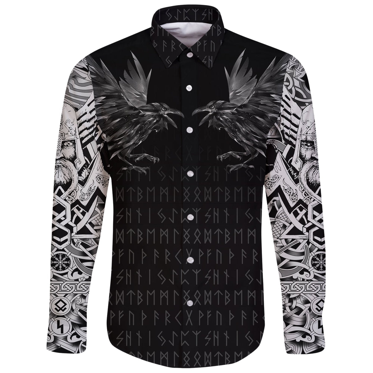 Viking Long Sleeve Button Shirt Odin Huginn and Muninn Rune RLT12 - Wonder Print Shop
