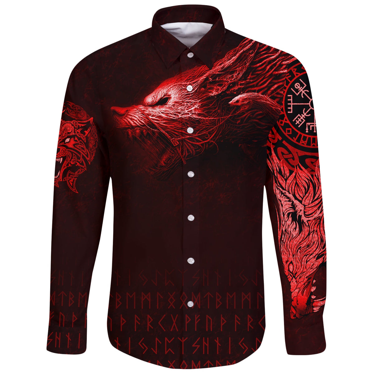 Viking Long Sleeve Button Shirt Fenrir Wolf Red RLT12 - Wonder Print Shop
