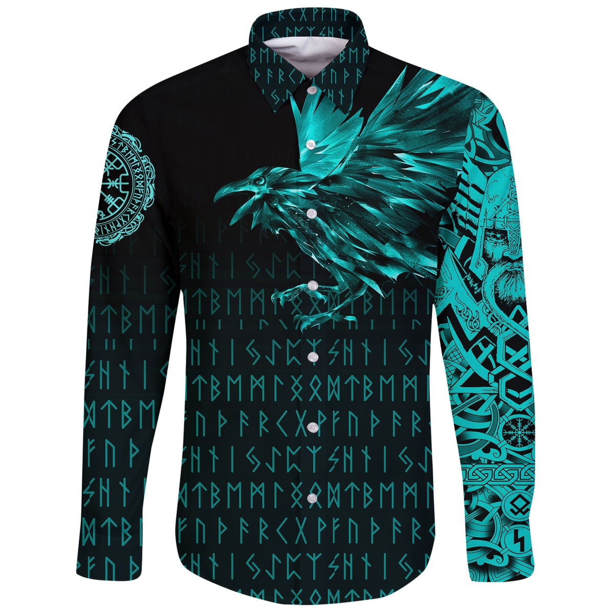 Viking Long Sleeve Button Shirt The Raven Of Odin Rune Cyan RLT12 - Wonder Print Shop