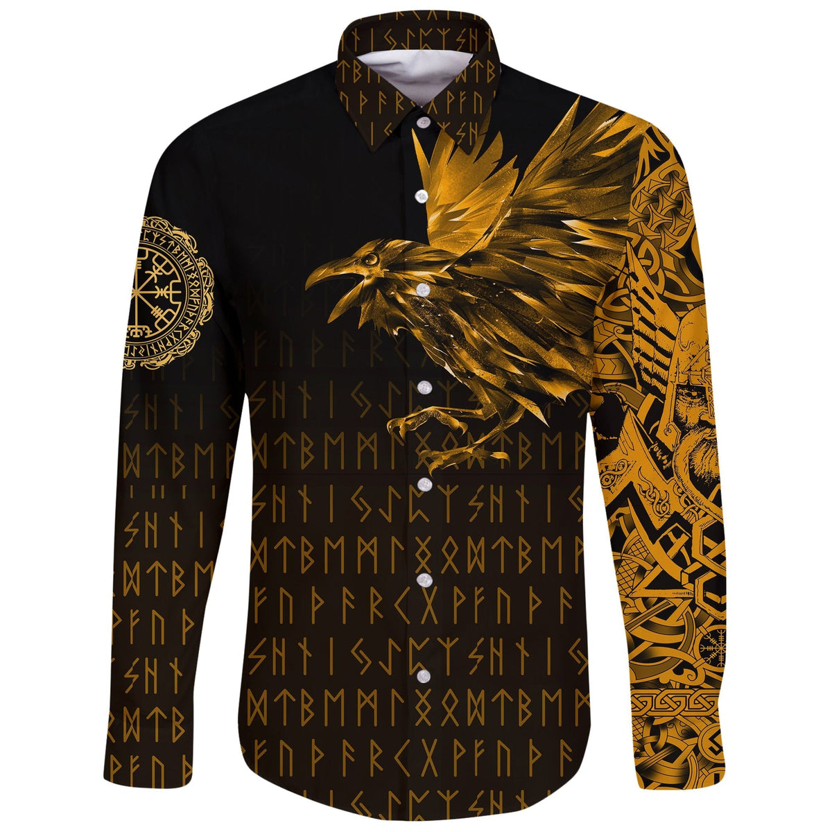 Viking Long Sleeve Button Shirt The Raven Of Odin Rune, Gold RLT12 - Wonder Print Shop