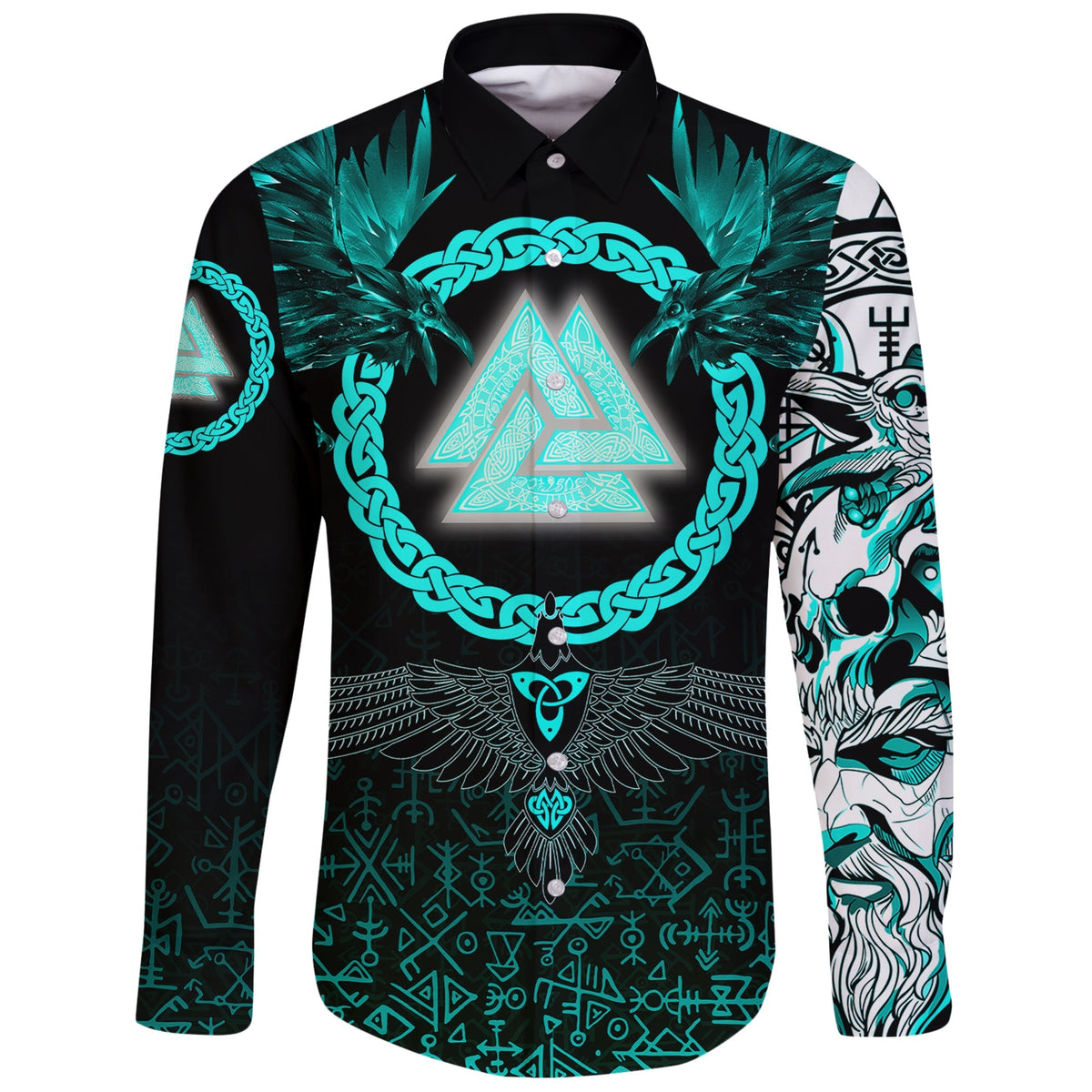 Viking Long Sleeve Button Shirt Three Raven and Valknut Cyan RLT12 - Wonder Print Shop