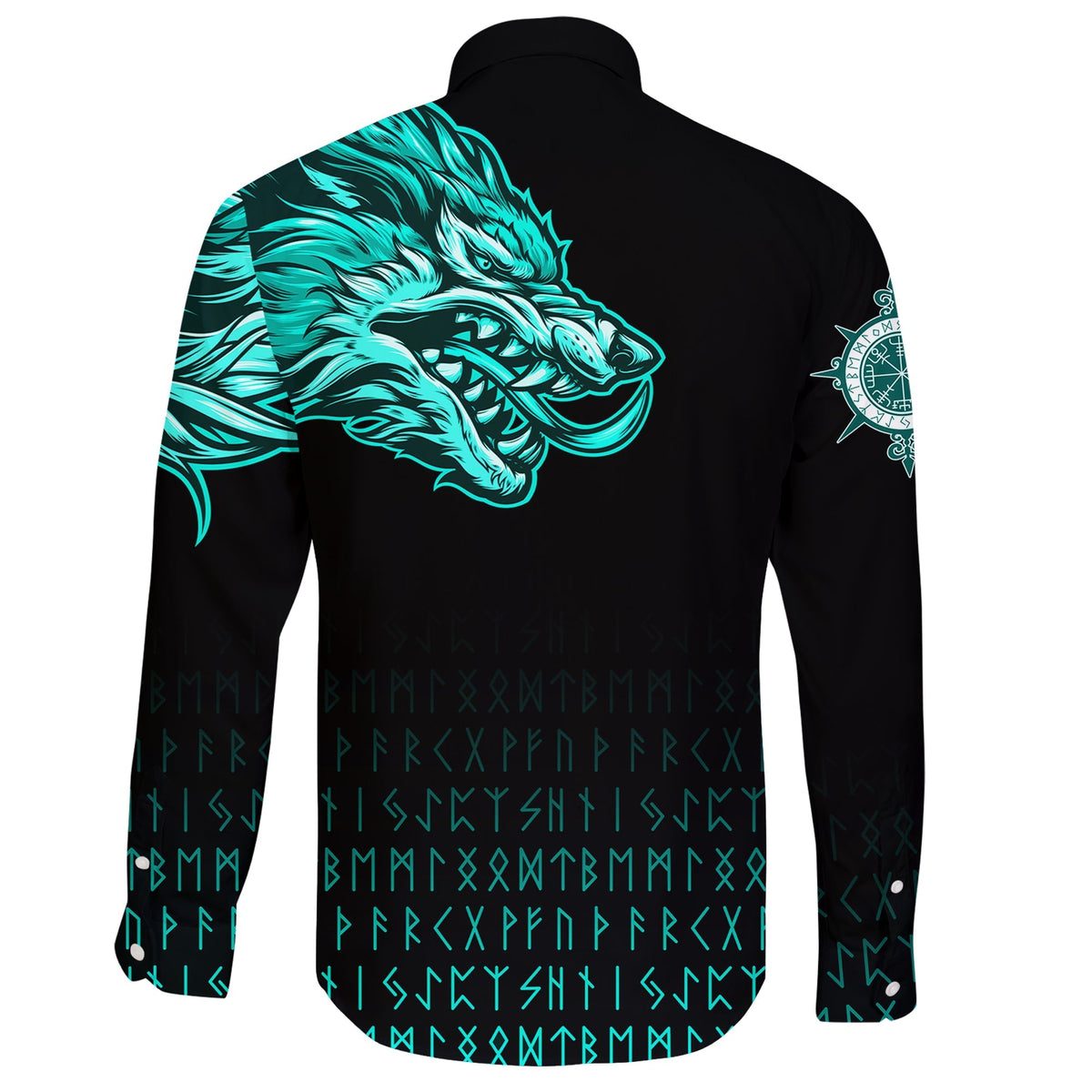 (Custom) Viking Long Sleeve Button Shirt Fenrir Wolf Cyan Near Shoulder RLT12 - Wonder Print Shop