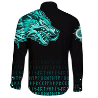 (Custom) Viking Long Sleeve Button Shirt Fenrir Wolf Cyan Near Shoulder RLT12 - Wonder Print Shop