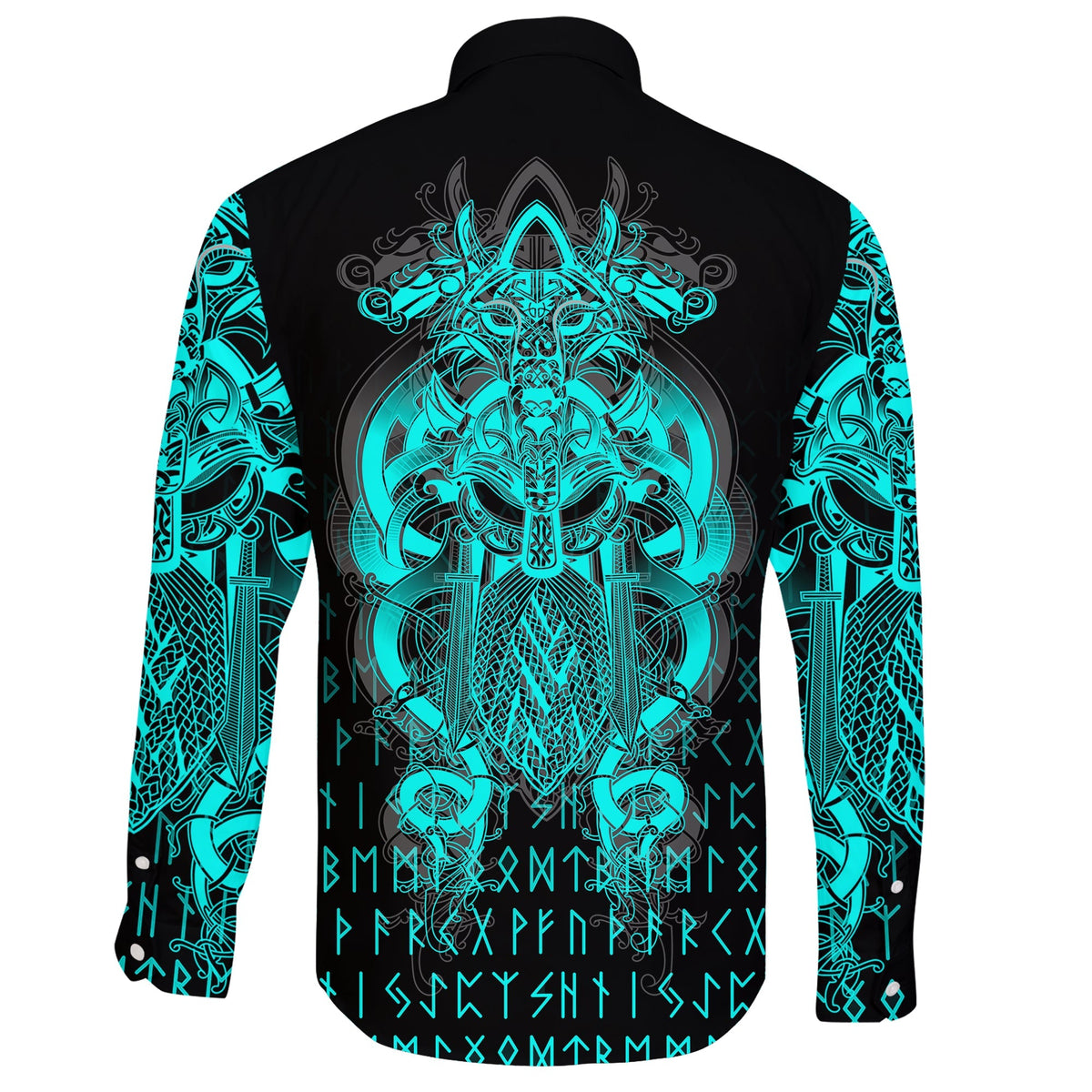 Viking Tyr Tattoo Cyan Long Sleeve Button Shirt RLT12 - Wonder Print Shop