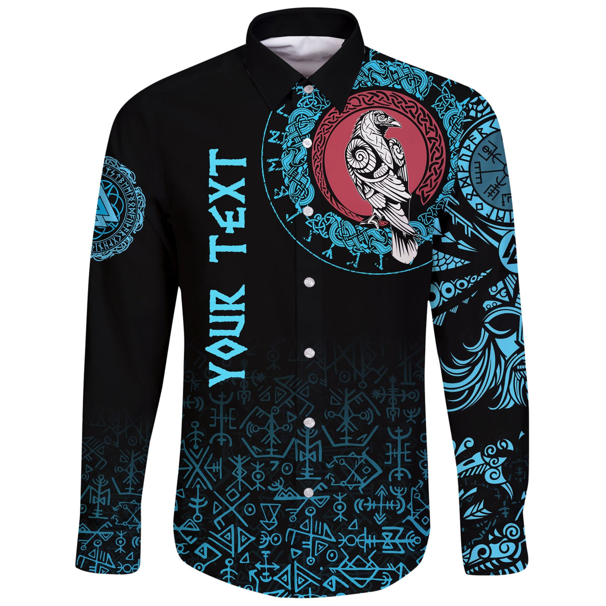 (Custom) Viking Long Sleeve Button Shirt - Raven Celtic Cyan Tattoo RLT12 - Wonder Print Shop
