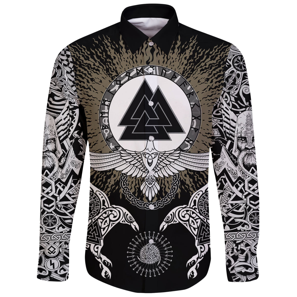 Viking Long Sleeve Button Shirt Raven, Valknut and Vegvisir RLT12 - Wonder Print Shop