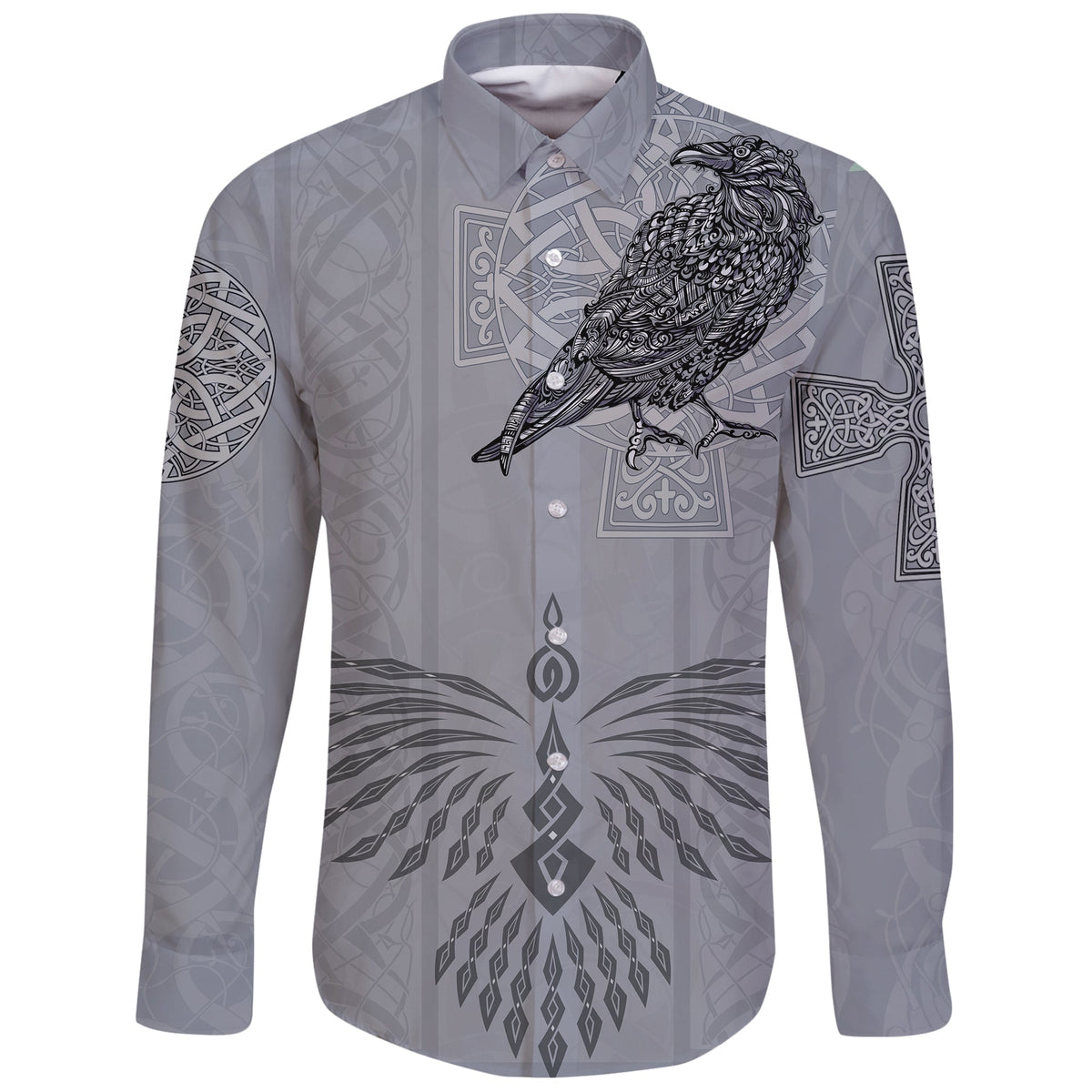 Viking Long Sleeve Button Shirt Odin's Celtic Raven Scandinavian Tattoo RLT12 - Wonder Print Shop