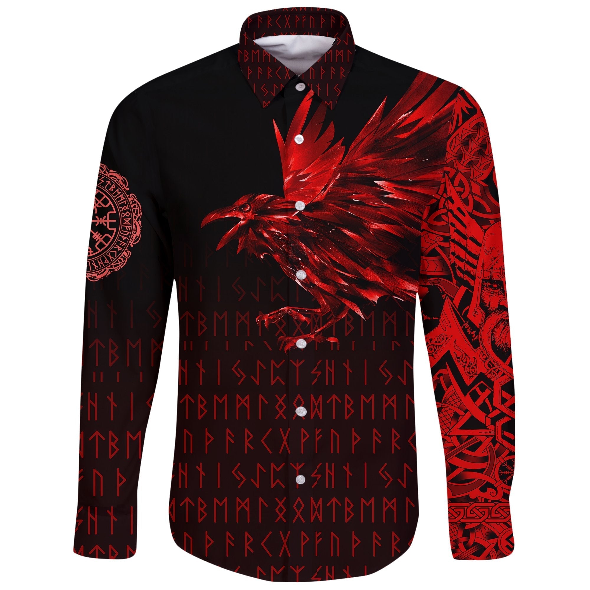 Viking Long Sleeve Button Shirt The Raven Of Odin Rune, Red RLT12 - Wonder Print Shop