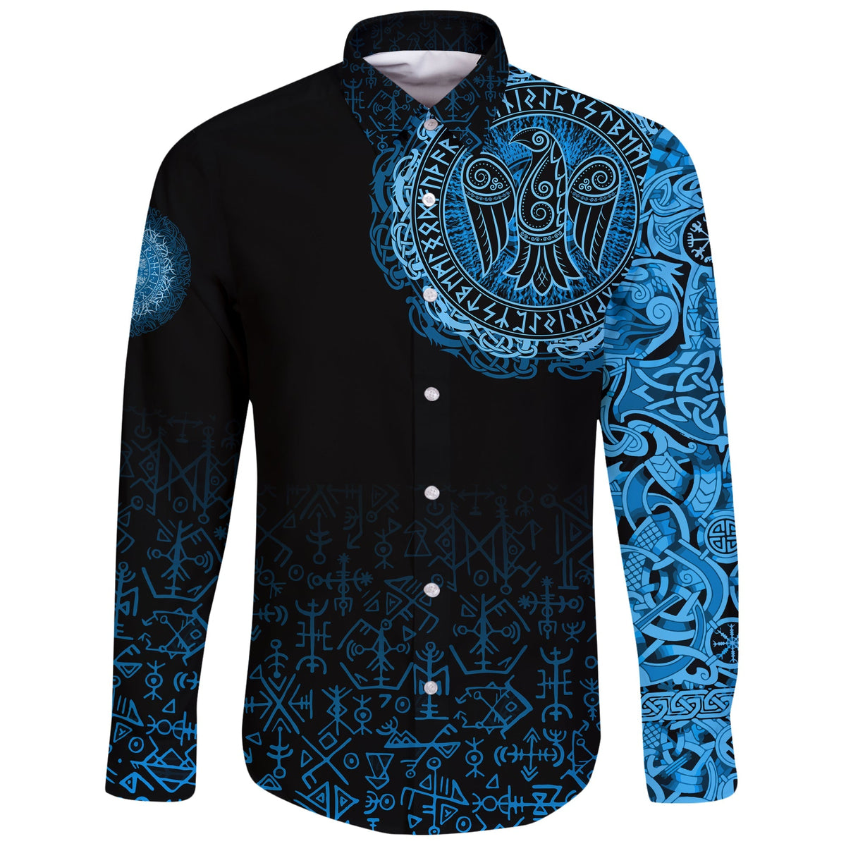 Viking Long Sleeve Button Shirt Raven Celtic Cyan RLT12 - Wonder Print Shop