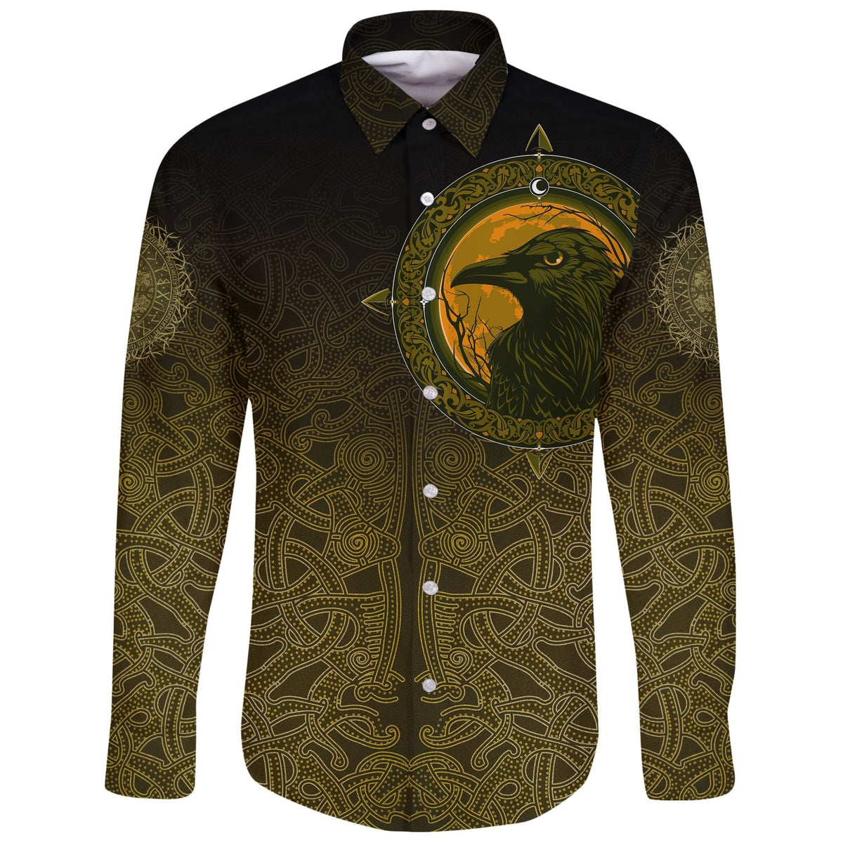 Viking Long Sleeve Button Shirt, Ethnic Odin Raven Gold RLT12 - Wonder Print Shop