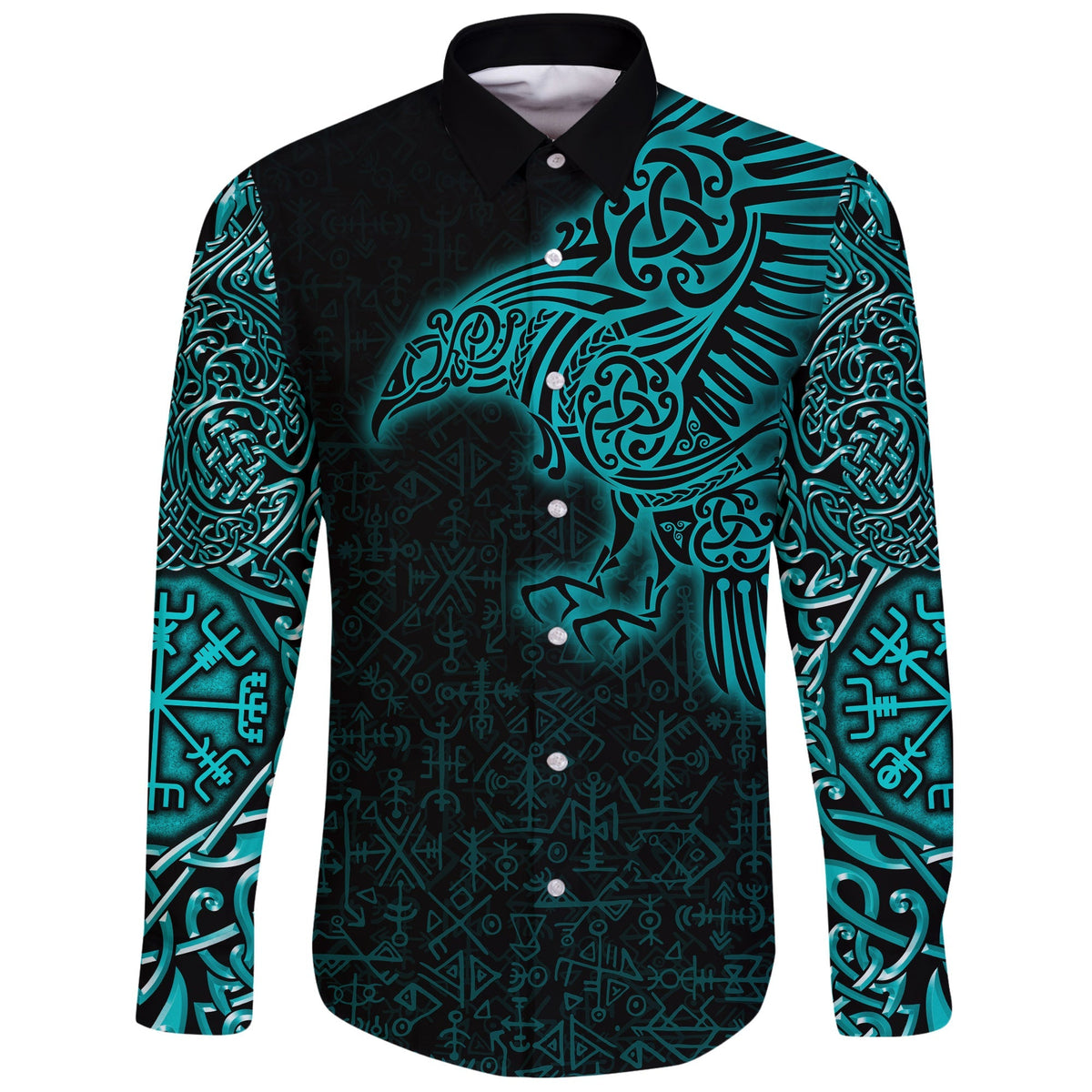 Viking Long Sleeve Button Shirt Raven Mjolnir Yggdrasil Cyan RLT12 - Wonder Print Shop