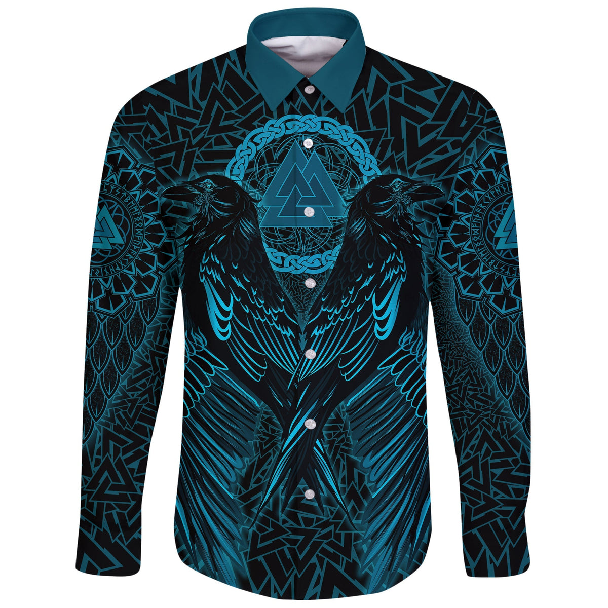 Viking Long Sleeve Button Shirt Raven Valknut Cyan RLT12 - Wonder Print Shop