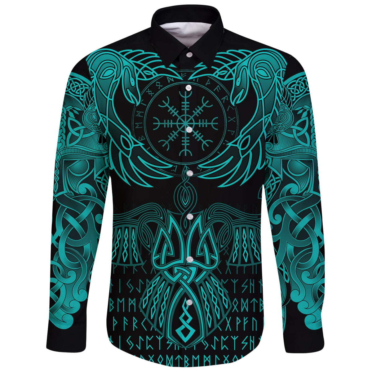 Viking Long Sleeve Button Shirt Raven Of Odin Cyan RLT12 - Wonder Print Shop