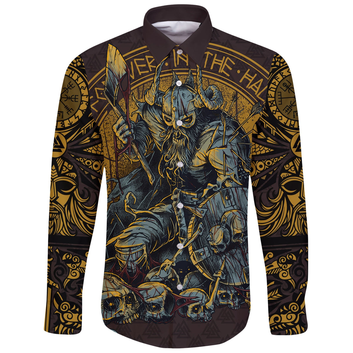 Viking Long Sleeve Button Shirt Warrior Viking Shield Skull RLT12 - Wonder Print Shop