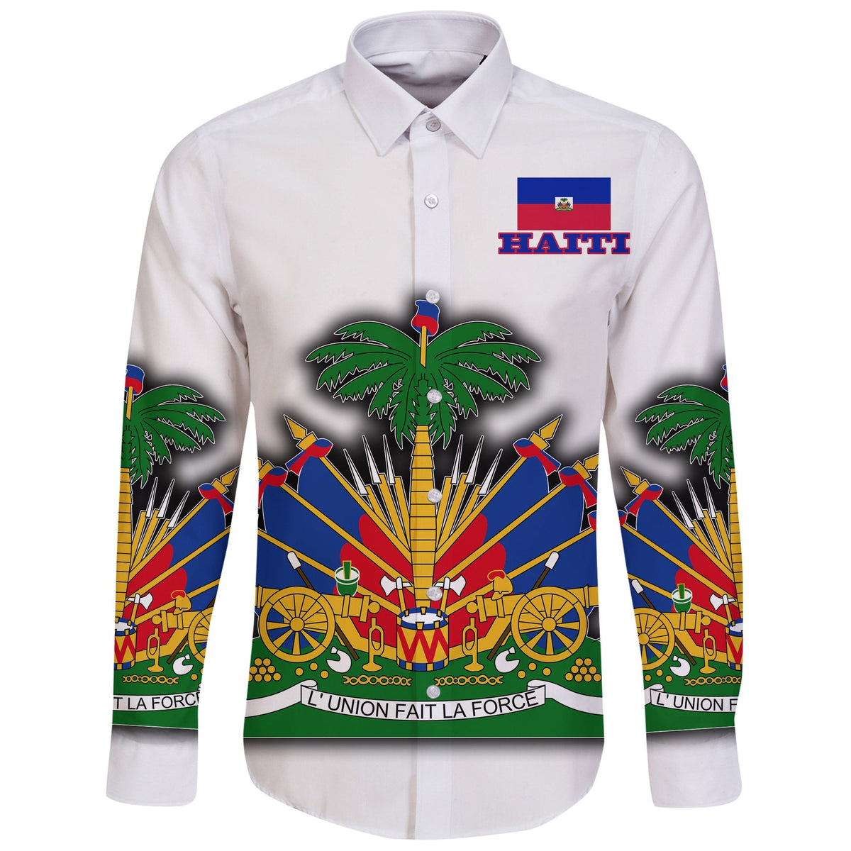 Haiti Long Sleeve Button Shirt Flag With Coat Of Arm (White) - Wonder Print Shop