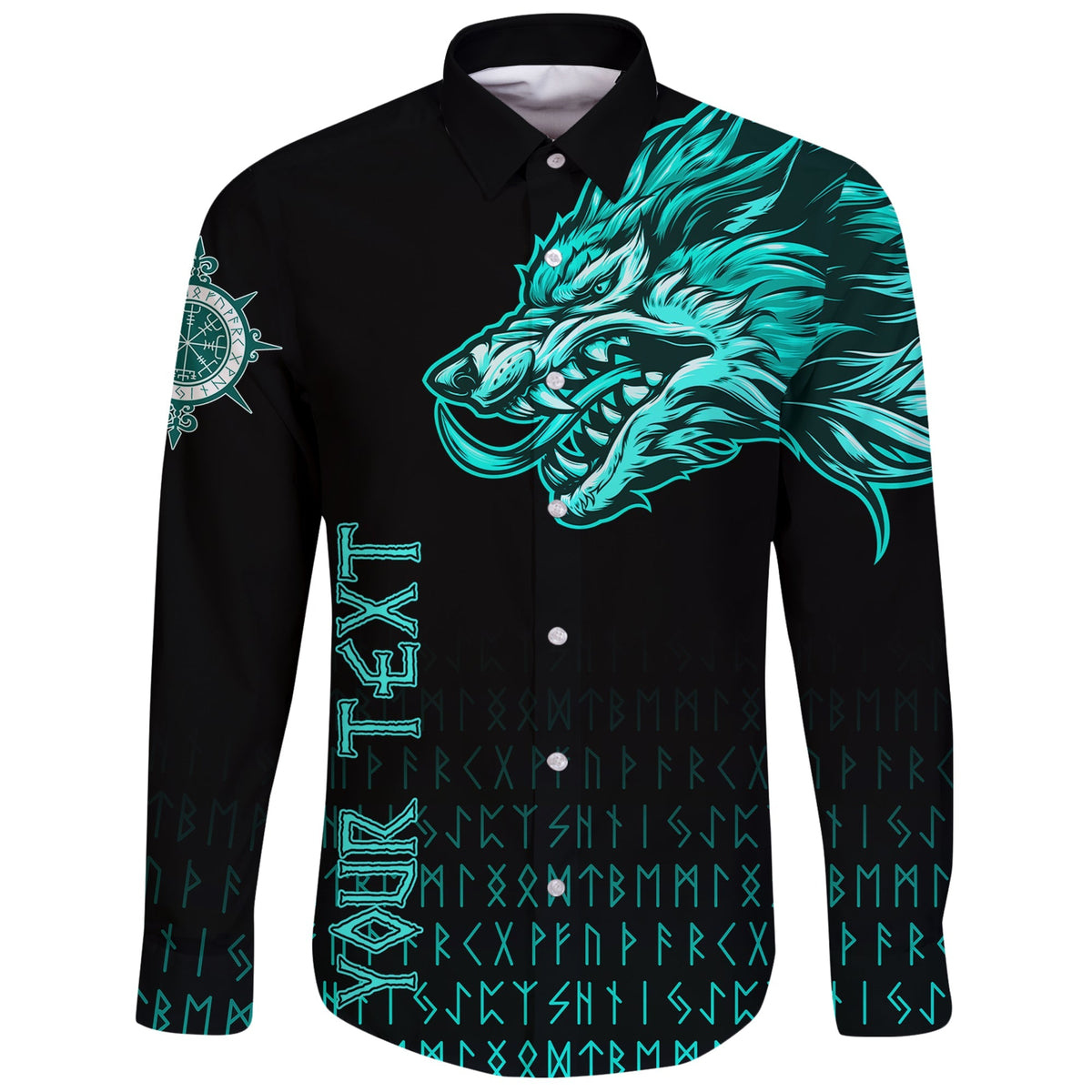 (Custom) Viking Long Sleeve Button Shirt Fenrir Wolf Cyan Near Shoulder RLT12 - Wonder Print Shop